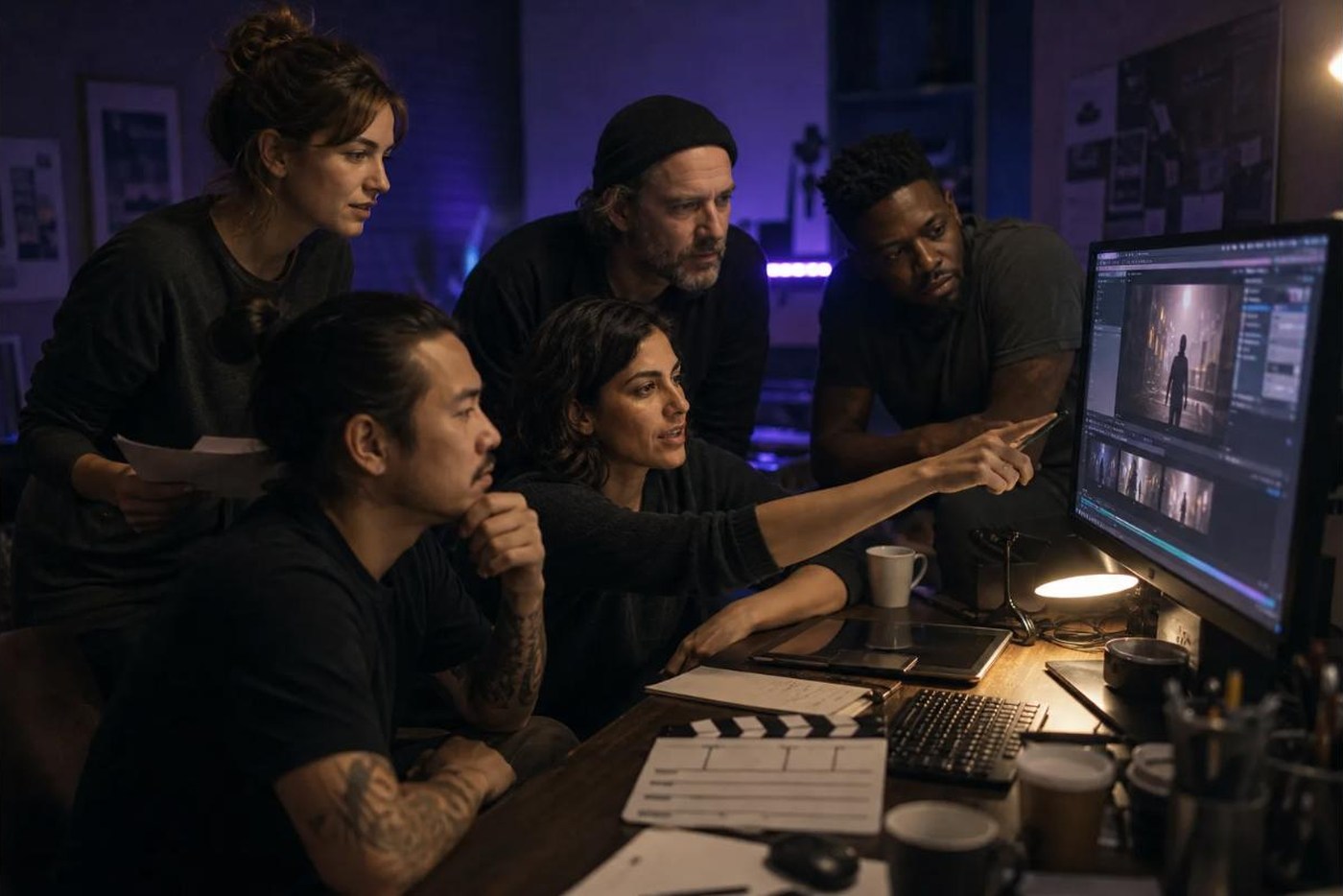 A production team reviewing a cut